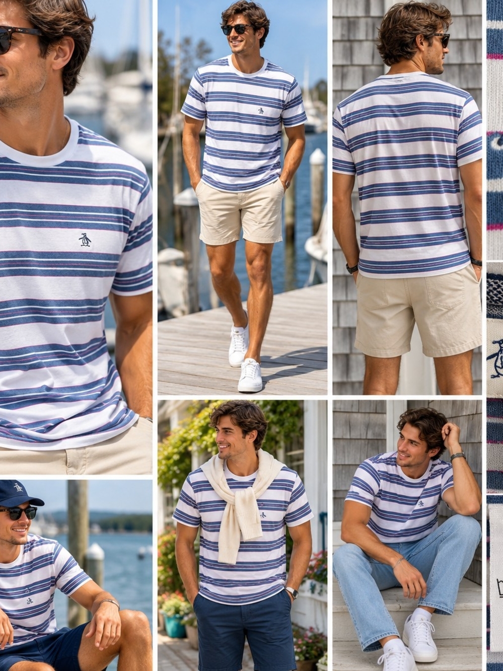 Original Penguin Men's Blue & White Striped Crewneck Tee